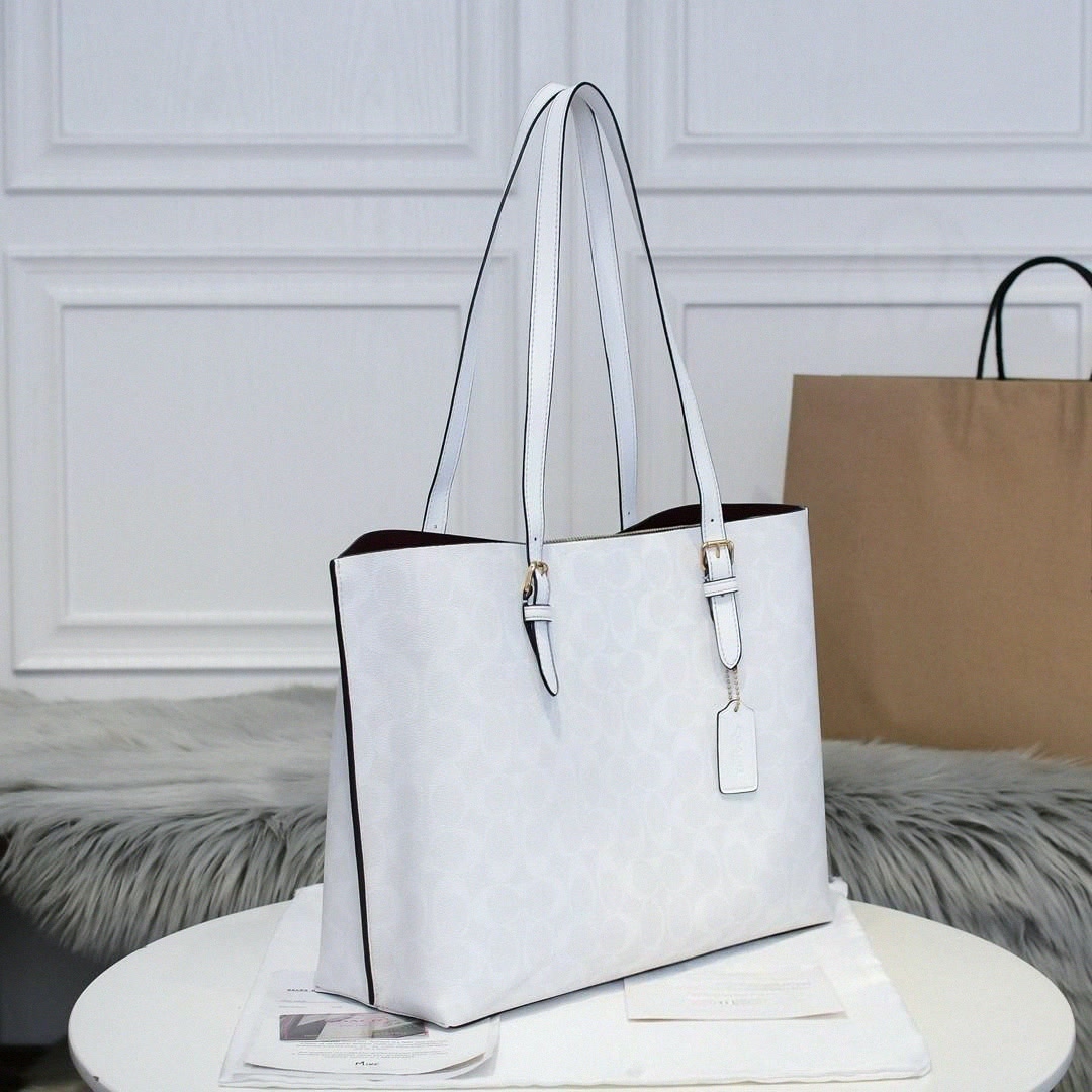 Leather Work Handbags For Women - Elegant White Signature Printed Large Tote